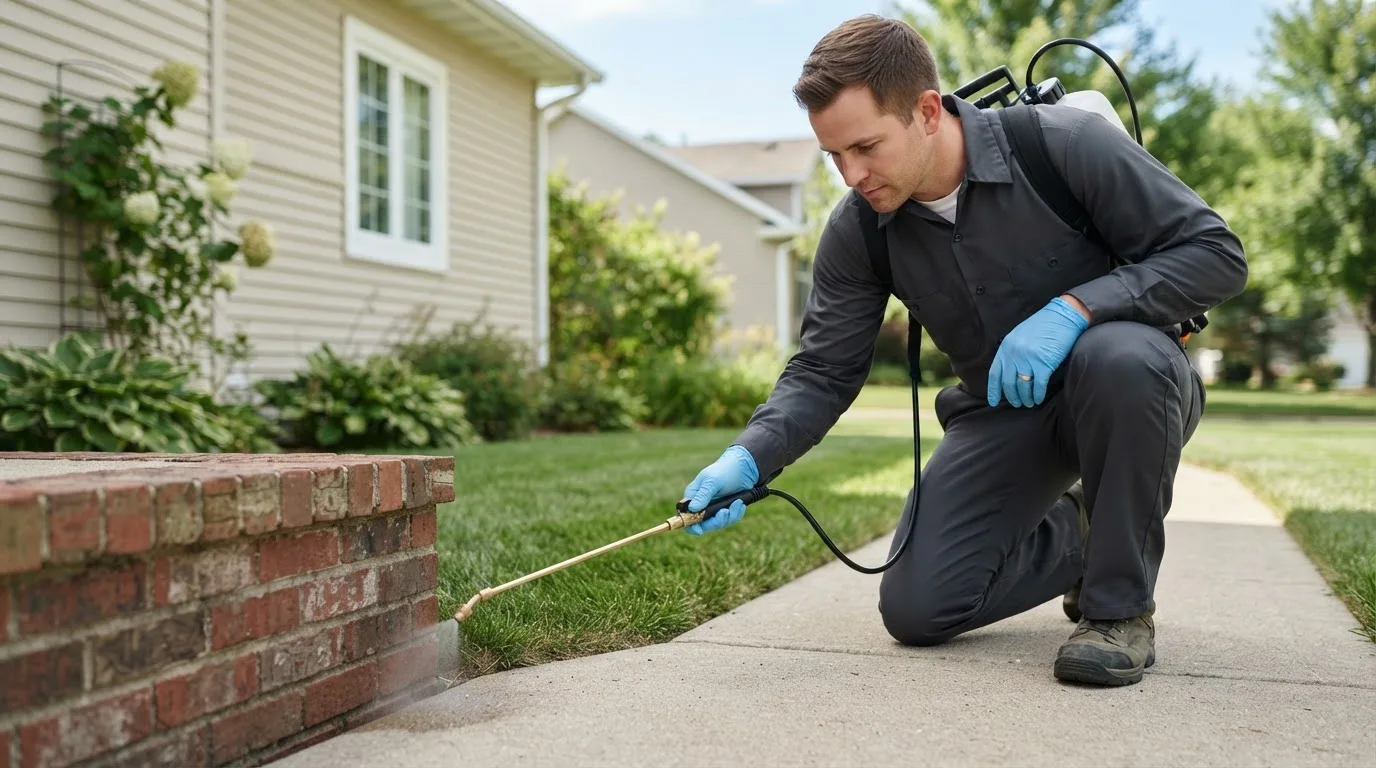 Pest control technician treating a home near Fulshear, TX