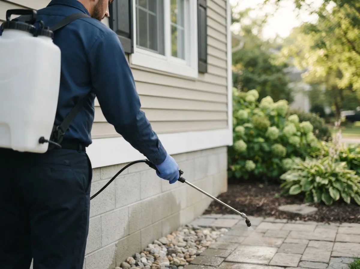 Pest control technician inspecting a home in Fulshear, TX